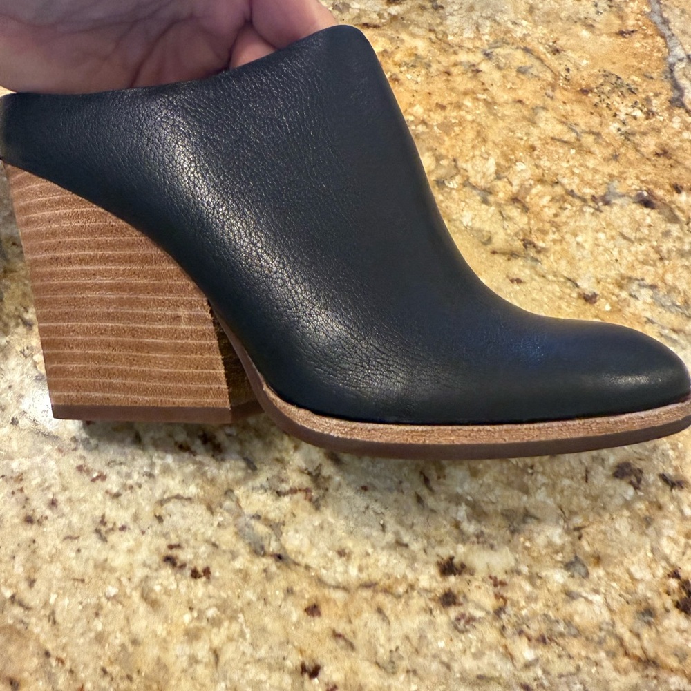 Kork-Ease Black Leather Mules with Tan Heel